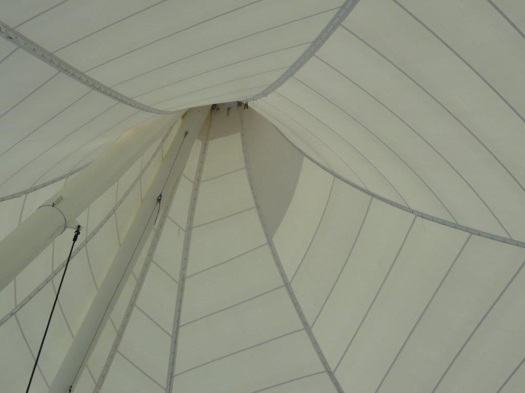 interior of a tensioned fabric structure at the mast