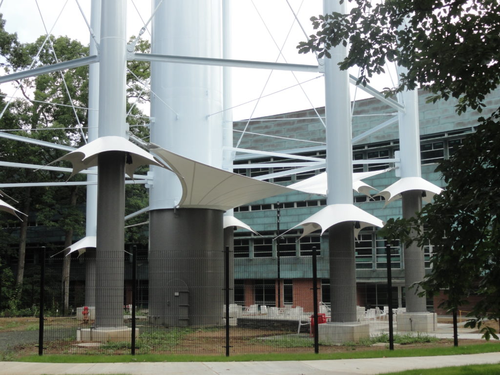 Tensile fabric canopies beneath the Penn State water tower