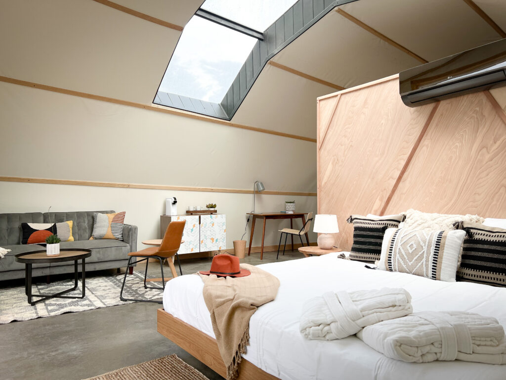 Interior of a fabric structure fitted out as guest accommodation
