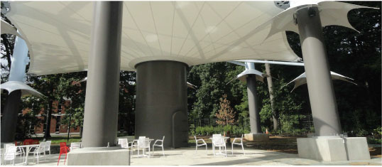 Tensile fabric canopies beneath the Penn State water tower